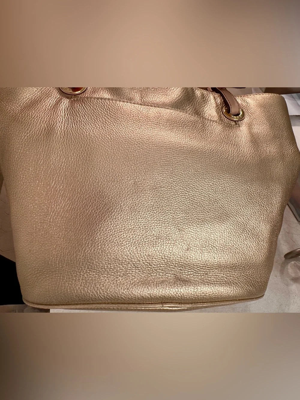 Michael Kors Gold Pebbled Leather Tote with Gold MK Charm - Picture 7 of 16